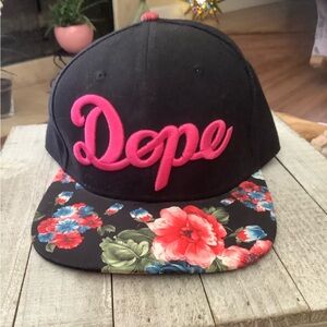 DOPE Black Hat with Pink Script and Floral Brim